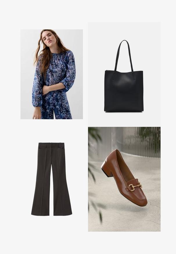 Bluzka z długim rękawem w niebieskie i fioletowe wzory, z marszczonym dekoltem i elastycznymi mankietami, wykonana z miękkiej, teksturowanej tkaniny.; Czarne spodnie z szerokimi nogawkami i wysokim stanem; posiadają dwie przednie kieszenie oraz gładką teksturę materiału. Idealne na różne okazje.; Brązowe lakierowane mokasyny z kwadratowym noskiem, metalowym łańcuszkiem i niskim blokowym obcasem; gładka faktura, minimalistyczny design.; Czarna skórzana torba tote o gładkiej fakturze, prostokątnym kształcie i dwóch długich uchwytach. Brak widocznych elementów metalowych i ozdób.