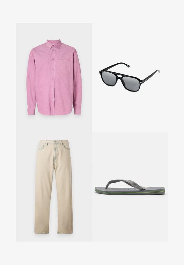 Różowa koszula z korduroju z kołnierzykiem na guziki, długimi rękawami i jedną kieszenią na piersi. Posiada pionowe prążki i zapięcie na guziki z przodu.; Beżowe dżinsy bawełniane o prostych nogawkach, pięć kieszeni, szlufki na pasek i zamek błyskawiczny. Lekko wybarwiona tekstura i kontrastowe przeszycia.; Szare klapki z teksturowaną podeszwą i solidnym, wzorzystym paskiem gumowym. Charakteryzują się niskim profilem i kolorowym akcentem wzdłuż krawędzi.; Czarne okulary przeciwsłoneczne z prostokątnymi oprawkami, szarymi soczewkami i wycięciem w mostku. Gładki, błyszczący materiał plastikowy, z wąskimi zausznikami.