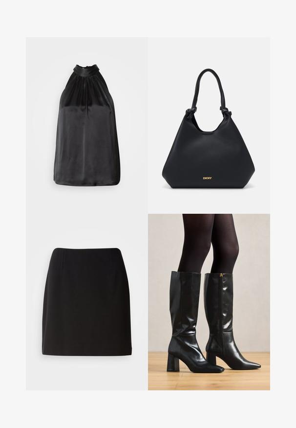 Zwart satijnen haltertop met ruime stof bij de halslijn en een soepele, vloeiende uitstraling. Rechte zoom zonder zichtbare patronen of accenten.; Zwarte rok met een getailleerde silhouette, gemaakt van een gladde stof. Voorzien van subtiele plooien aan de voorkant en een ontwerp tot halverwege de dijen.; Zwart leren laarzen tot de knie met een glanzende afwerking, een spitse neus en een chunky hak. Zijrits detail voor een gemakkelijke instap.; Zwarte leren tote bag met een gestructureerde afwerking, knoopaccenten op de handgrepen en een gouden logo detail aan de onderkant. Beschikt over een slouchy silhoutte.