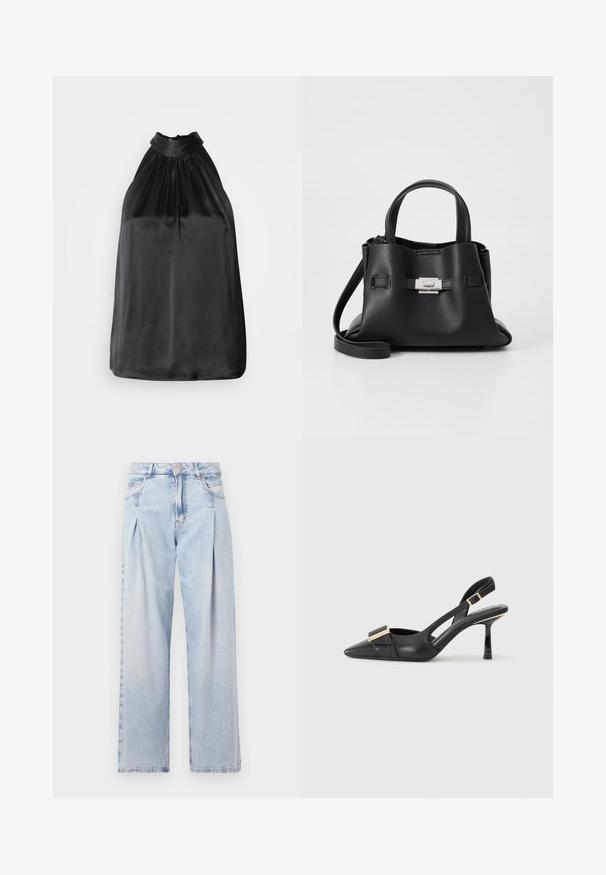 Schwarzes Satin-Haltertop mit gerafftem Stoff am Ausschnitt und einem glatten, fließenden Design. Gerader Saum ohne sichtbare Muster oder Akzente.; Helle blaue Denim-Jeans mit hoher Taille, weitem Beinschnitt, zwei seitlichen Taschen und gefaltetem Design. Weiche Textur mit einem ausgebleichten Finish.; Schwarzer Leder-Slingback-Schuh mit spitzem Zehenbereich, schlankem Absatz und goldfarbener Hardware-Akzent am Vorderfuß. Glatte Textur und strukturierte Form.; Schwarze Ledertasche mit strukturiertem Finish, ausgestattet mit zwei oberen Griffen, einem abnehmbaren Schultergurt und einem silbernen Verschlussdetail.; Schwarze Ledertasche mit strukturiertem Finish, ausgestattet mit zwei oberen Griffen, einem abnehmbaren Schultergurt und einem silbernen Verschlussdetail.