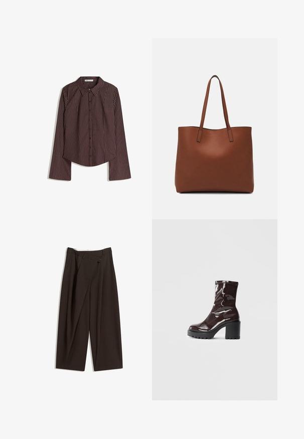 Rjava srajca z dolgimi rokavi in gumbi, z belimi tankimi navpičnimi črtami in koničastim ovratnikom, razporejena na belem ozadju.; Temno rjave široke hlače z visokim pasom, ki imajo en gumb za zapiranje in zamaščen sprednji del. Narejene so iz lahkega blaga.; Sijajan škrlatank z bleščečim videzom, z masivnim črnim peto, ki se ponaša z gladko teksturo in preprostim dizajnom. Brez vidnih zapenjal ali vzorcev.; Rjava usnjena torba z gladko teksturo, odprto zasnovo zgoraj in dvema naramnima trakovoma. Opremljena je z minimalnim šivanjem in brez vidnih kovinskih delov.