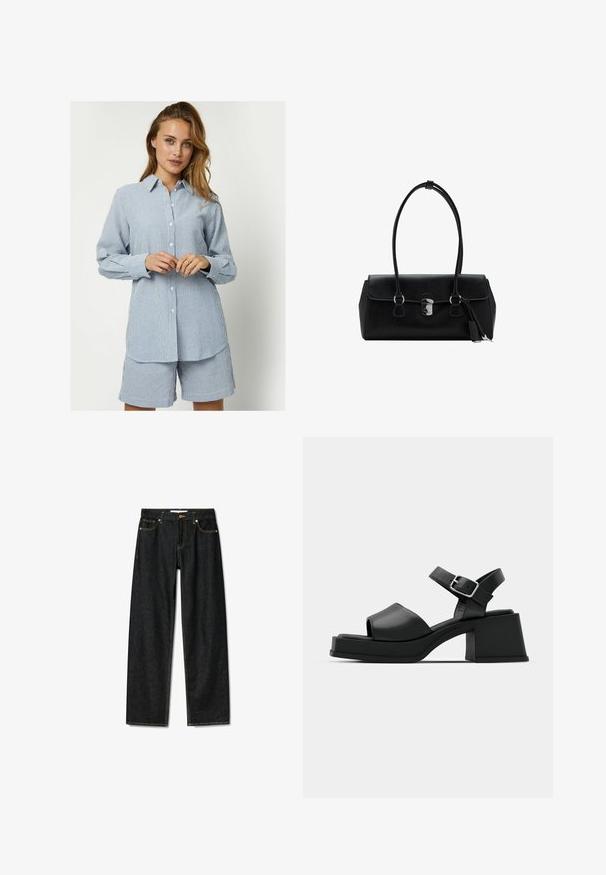 Striped button-up shirt in blue and white, long sleeves, relaxed fit, paired with matching shorts. Cotton fabric with smooth texture.; Dark denim jeans with a straight-cut design, brass button closure, and contrasting yellow stitching. Features five pockets and a classic fit.; Black leather platform sandals with a peep-toe design, ankle strap, and a chunky square heel. Smooth texture and minimalistic style.; Black leather handbag with a smooth texture, structured design, dual handles, and a silver clasp detail at the center.