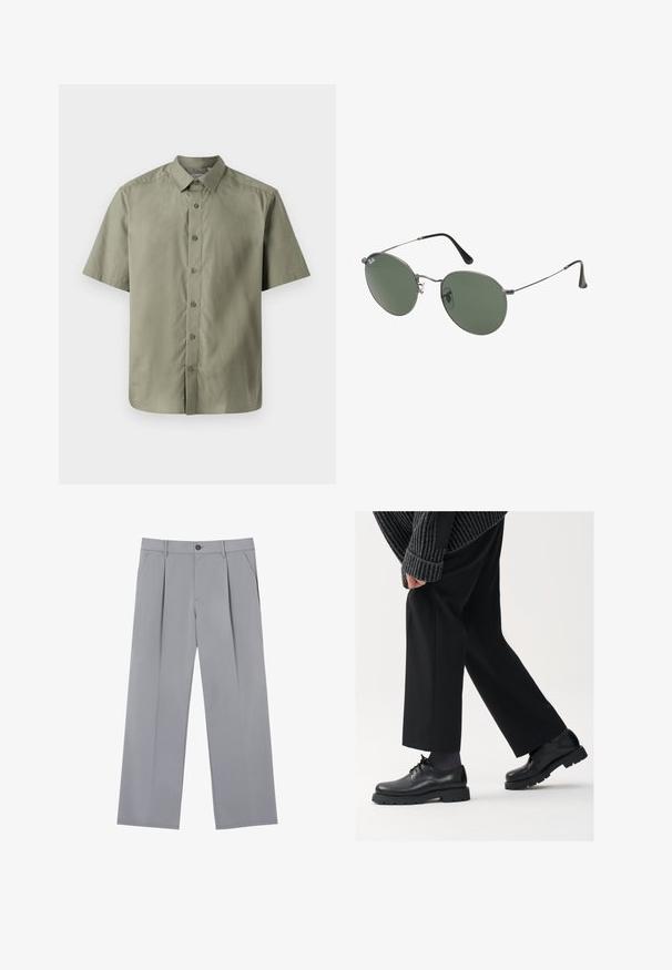 Kratký rukáv, gombíková košeľa v mäkkej olivovo zelenej farbe, s klasickým golierom, šiestimi gombíkmi vzadu a rovnými okrajmi.; Biele bavlnené tričko s krátkymi rukávmi, okrúhlym výstrihom a voľným strihom. Hladká textura bez viditeľných vzorov alebo akcentov.; Sivé plisované nohavice s voľným strihom, vyrobené z ľahkej látky. Obsahujú predné vrecká a zapínanie na gombík v páse.; Čierne kožené topánky s okrúhlou špičkou, viazaním a hrubou, štruktúrovanou podrážkou. Nosené s upravenými čiernymi nohavicami a rebrovaným sveterom.; Sunglass s metalovým rámom s oválnymi zelenými šošovkami. Tenký strieborný kovový rám a čierne štuple za uši. Minimalistický dizajn, bez viditeľných log.