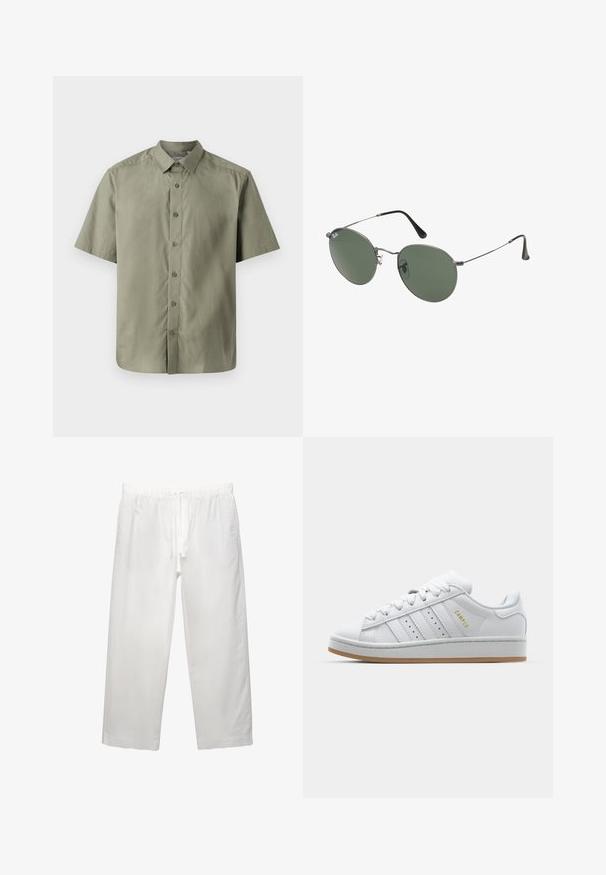 Kratký rukáv, gombíková košeľa v mäkkej olivovo zelenej farbe, s klasickým golierom, šiestimi gombíkmi vzadu a rovnými okrajmi.; Biele bavlnené tričko s krátkymi rukávmi, okrúhlym výstrihom a voľným strihom. Hladká textura bez viditeľných vzorov alebo akcentov.; Biele ľanové nohavice s elastickým pásom a šnúrkou, širokým strihom a čistými švami. Hladká textúra s ležérnym strihom.; Biele tenisky s perforovaným dizajnom trojprúžku, textúrovanými akcentmi, gumovou podrážkou a zlatým logom "CAMPUS" na boku.; Sunglass s metalovým rámom s oválnymi zelenými šošovkami. Tenký strieborný kovový rám a čierne štuple za uši. Minimalistický dizajn, bez viditeľných log.