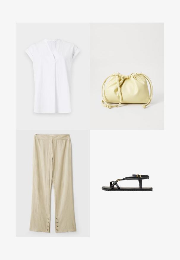 Bluză albă cu mâneci scurte și decolteu în V, având plisuri în față și un material ușor și texturat. Stil minimalist și contemporan.; Top negru, lejer, cu un decolteu larg și mânici până la trei sferturi. Materialul pare moale și ușor, cu o textură netedă.; Pantaloni bej cu picioare late, dintr-un material texturat. Prezintă un talie plată și cinci nasturi la tiv pentru închidere. Design tutu.; Sandale negre din piele, cu curele subțiri și o curea cu cataramă la gleznă. Talpă plată cu un finisaj texturat și margine în zigzag. Design minimalist.; Geantă din piele galbenă cu un design plisat, închidere cu sfoară reglabilă și un singur mânere lung. Branding minimal în partea de jos.