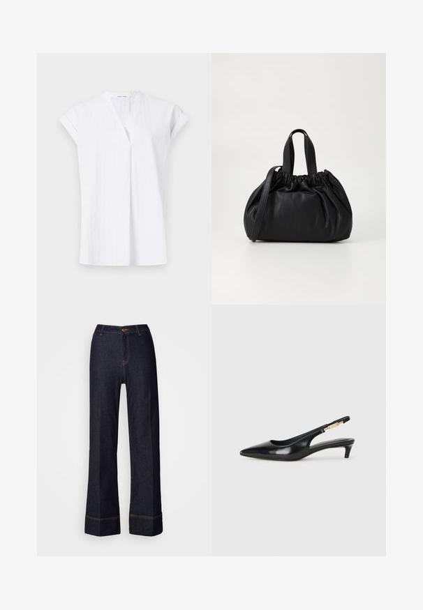 Weißes Kurzarmoberteil mit V-Ausschnitt, das mit Vorderfalten und einem leichten, strukturierten Stoff versehen ist. Minimalistischer und zeitgemäßer Stil.; Dunkelblaue weit geschnittene Jeans mit hoher Taille, die einen vorderen Knopfverschluss und orangefarbene Nähte aufweisen. Gesamte glatte Textur.; Schwarze Leder-Slingback-Pumps mit spitzem Schuhblatt, ausgestattet mit einem schlanken Absatz und einem goldfarbigen Akzent am verstellbaren Riemen. Glatte Textur.; Schwarze Lederhandtasche mit einem gerafften Oberteil, ausgestattet mit zwei kurzen Griffen und einem langen verstellbaren Schulterriemen. Glatte Textur, runde Form.