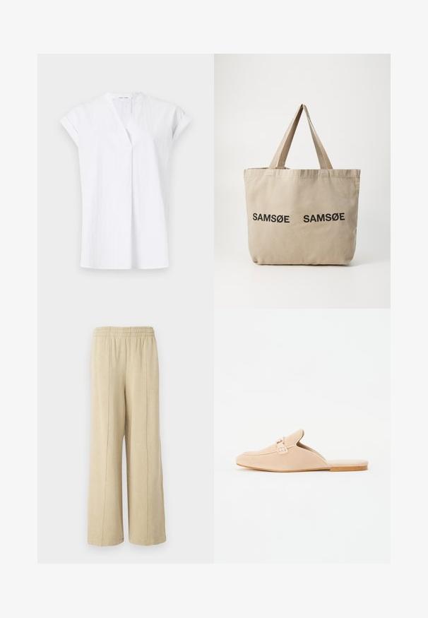 Valge lühikeste varrukatega T-särk V-kujulise kaelusega, esipaneelil voldid ja kerge tekstuuriga kangas. Minimaalsitlik ja kaasaegne stiil.; Bežid laiad püksid elastse vöökoha ja nähtavate külgõmblustega. Valmistatud pehmest kangast, millel on sile tekstuur.; Bežid nahkainest slip-on loafers suletud varbaga, millel on dekoratiivne pandla detail ja lame korkpõhi. Sile tekstuur ja minimaalne disain.; Beež kangastoot mõlema külje peal kahe musta trükitud "SAMØE" logoga. Omab tugevaid beeže õlarihmasid ja lihtsat, struktureerimata disaini.