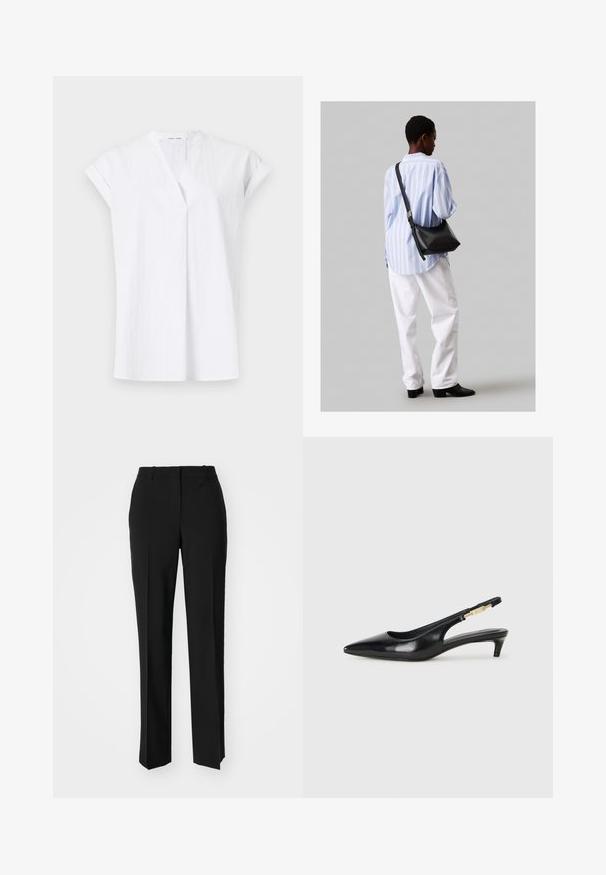 Top corto bianco a maniche corte con scollo a V, caratterizzato da pieghe frontali e un tessuto leggero e testurizzato. Stile minimalista e contemporaneo.; Pantaloni neri su misura con un design a gamba dritta, caratterizzati da una texture liscia e pieghe ben definite sul davanti. Senza hardware visibile.; Tacchi slingback in pelle nera con punta affusolata, caratterizzati da un tacco alto e un accento dorato sulla cinghia regolabile. Texture liscia.; Borsa a tracolla in pelle nera con una texture morbida, forma triangolare e tracolla regolabile, abbinata a una camicia a righe blu chiaro e pantaloni bianchi.