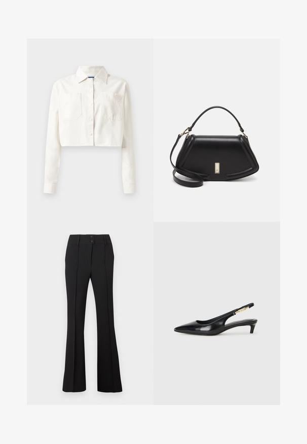 Cămașă albă scurtă din bumbac, cu mâneci lungi, guler ascuțit, două buzunare frontale și un logo în formă de inimă pe buzunarul din stânga.; Pantaloni negri evazați cu două butoane frontale, dintr-un material neted și texturat, cu cusături verticale pentru un aspect sofisticat.; Sandale slingback din piele neagră cu vârf ascuțit, având un toc subțire și un accent de culoare aurie pe curea ajustabilă. Textură netedă.; Geantă de umăr din piele neagră, cu un design structurat, având o formă tăiată, mânere superioare și accente din aur. Include o curea de umăr ajustabilă.