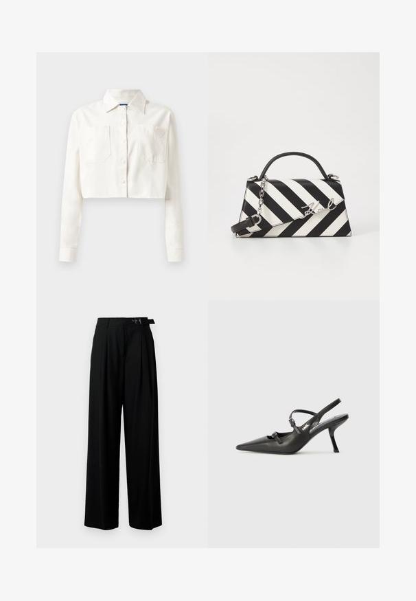 Cămașă albă scurtă din bumbac, cu mâneci lungi, guler ascuțit, două buzunare frontale și un logo în formă de inimă pe buzunarul din stânga.; Pantaloni negri cu croi larg, talie înaltă, pliuri în față și un b μέρος cu cataramă. Confecționați dintr-un material neted și ușor.; Pantofi cu toc slingback din piele neagră, cu vârful ascuțit, toc subțire și detaliu decorativ cu cataramă pe partea din față. Textură netedă și design elegant.; Geantă cu dungi alb-negru, cu o formă structurată, având un mâner superior, o curea din lanț detașabilă și un accent metalic cu logo.