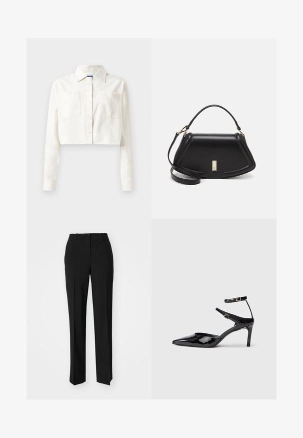 Beskarad vit skjorta av bomull med långa ärmar, spetskrage, två framfickor och en hjärtlogotyp på vänster ficka.; Svarta skräddarsydda byxor med rak benform, med en slät yta och skarpa veck fram. Ingen synlig hårdvara.; Svarta lackskinnshälar med spetsig tå, justerbara ankelremmar och en smal klack. Slät textur med en glänsande yta.; Svart läderhandväska med en strukturerad design, som har en avskuren form, ett handtag upptill och guldiga detaljer. Justerbar axelrem ingår.