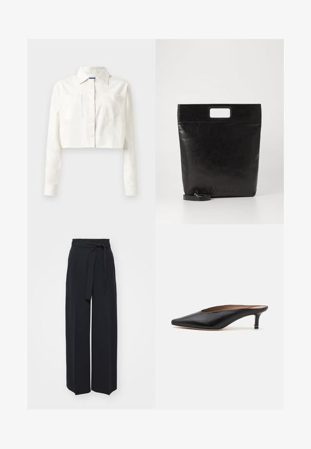 Korte witte blouse van katoen, met lange mouwen, een puntige kraag, twee voorzakken en een hartlogo op de linkse zak.; Zwarte wijde broek van zachte stof. Voorzien van een ceintuur en plooien aan de voorkant. Glad textuur met een strakke, hedendaagse stijl.; Zwarte leren muiltjes met een puntige neus en een lage, blokhak. Glad oppervlak met een gestroomlijnd ontwerp. Open achterkant met minimale details.; Zwarte leren draagtas met een vierkant handvat, met een gestructureerde afwerking en een reliëflogo. Inclusief een afneembare schouderband.
