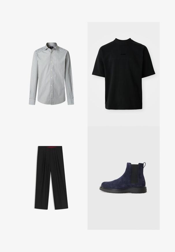 Gestreept overhemd met lange mouwen, voorzien van verticale strepen in lichtblauw, marineblauw en wit, met een klassieke kraag en een normale pasvorm.; Zwarte korte mouwen T-shirt van katoen met een hoge hals, met een gladde textuur en een subtiel logo in het midden.; Zwarte wijde broek met een vlakke voorkant, twee zijzakken, geplooid ontwerp en een contrasterende rode binnenband.; Navy suède Chelsea-boot met elastische zijkanten en een trekhaak. Zwarte rubberen zool met een gestructureerde afwerking voor grip en duurzaamheid.