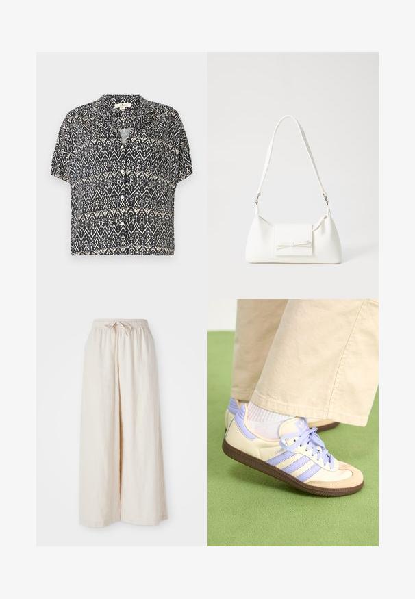 Rövid ujjú, gombos ing sötétkék színben, geometrikus krémszínű mintával. Könnyű anyag, laza szabású és galléros.; Széles lábú, krémszínű nadrág, rugalmas derékkal és zsinórral. Simlék, könnyű vászon anyag, látható minták vagy fém részek nélkül.; Krém és levendula színű sportcipők három csíkkal és texturált barna talppal, fűzőkkel és párnázott sarokkal. Puha anyagú felsőrész.; Fehér szintetikus kézitáska, háromszög alakú, lapos előlap, masni részlettel, állítható pánttal, sima textúrával és minimalista dizájnnal.