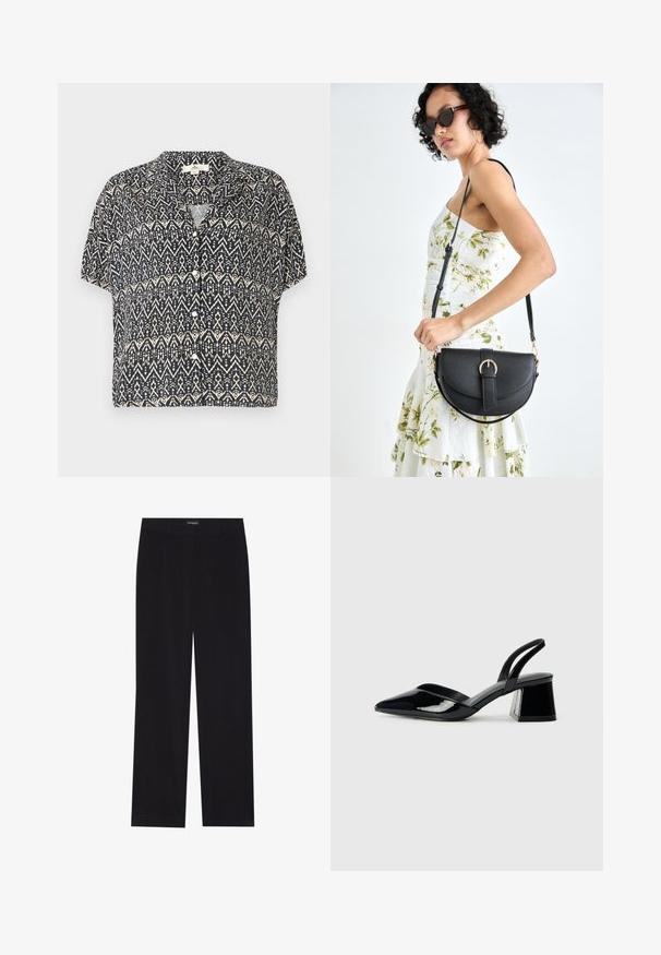 Kurzärmeliges, knöpfbares Hemd in Marineblau mit einem geometrischen Muster in Creme. Leichtes Material mit entspannter Passform und Kragen.; Schwarze Corduroyhose mit geradem Schnitt, flachem Bund und ohne sichtbare Taschen, glatte Textur und vertikale Rippendetails.; Schwarze Lackleder-Slingback-High Heels mit spitzem Schuh und einem geometrischen Blockabsatz. Verfügt über ein schlankes, minimalistisches Design und eine glatte Textur.; Schwarze Lederhandtasche mit geschwungener Form, abnehmbarem Tragegurt und goldenen Beschlägen. Die Tasche verfügt über einen Deckel mit einer Schnallen-Details.