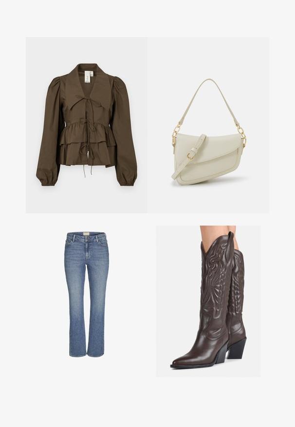 Blusa peplum marrone con ampio colletto, maniche lunghe a sbuffo e dettagli con fiocco frontale. Realizzata in un leggero tessuto di cotone con una texture liscia.; Jeans in denim blu medio con gamba dritta, chiusura frontale con bottone e zip, passanti per cintura e tasche anteriori e posteriori.; Stivali da cowboy in pelle marrone con punta affusolata e tacco a blocco, caratterizzati da dettagliati ricami e accenti rialzati sul gambale.; Piccola borsa a tracolla crema con finitura testurizzata, una lunga tracolla regolabile, un accento a catena e chiusura a patta. Dettagli in hardware dorato.; Orecchini a cerchio in argento con un design torciglionato, caratterizzati da una finitura lucida e chiusura a perno. Misurano circa 3 cm di diametro.