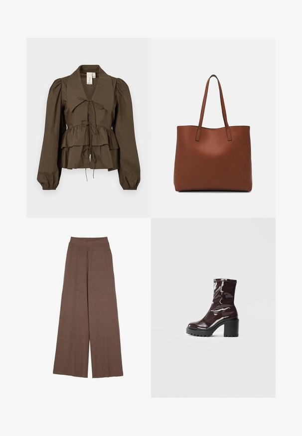 Bluză peplum maro cu o guler larg, mâneci lungi puff, și detaliu cu legare în față. Fabricată dintr-un material de bumbac ușor, cu o textură netedă.; Pantaloni largi dintr-un material texturat, cu fâșii, într-o nuanță caldă de maro. Au un brâu fără cusături și o siluetă fluidă.; Botine lucioase burgundy, cu toc gros negru, având o textură netedă și un design simplu. Fără închideri sau modele vizibile.; Geantă de umăr din piele maro cu o textură netedă, design cu vârf deschis și două curele pentru umăr. Prezintă cusături minime și fără componente metalice vizibile.