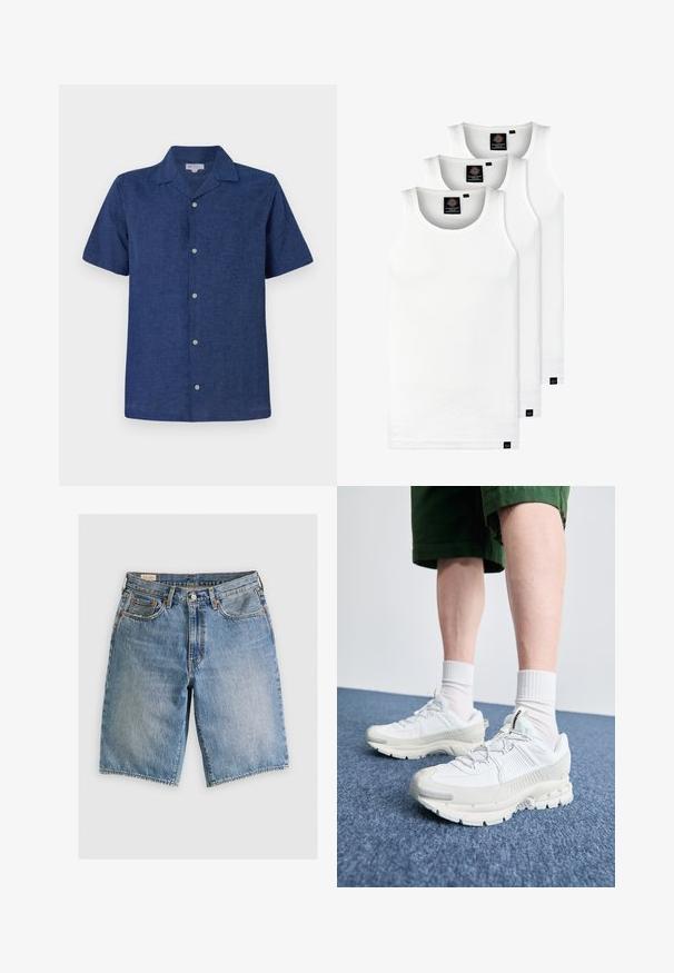 Kortærmet, marineblå skjorte lavet af åndbart stof, med krave, funktionelle knapper og en let struktureret overflade.; Tre hvide ribbede tanktops lavet af bomuld. Har en rund hals og små sorte mærker nær sømmen. Fås i flere størrelser.; Lyseblå denimshorts med klassisk snit. Har fem lommer, orange stikninger og rå skærmkanter.; Hvide atletiske sko med teksturerede overlays, en chunky sål og grå accenter. Båret med hvide ankelstrømper og grønne shorts på en blå overflade.