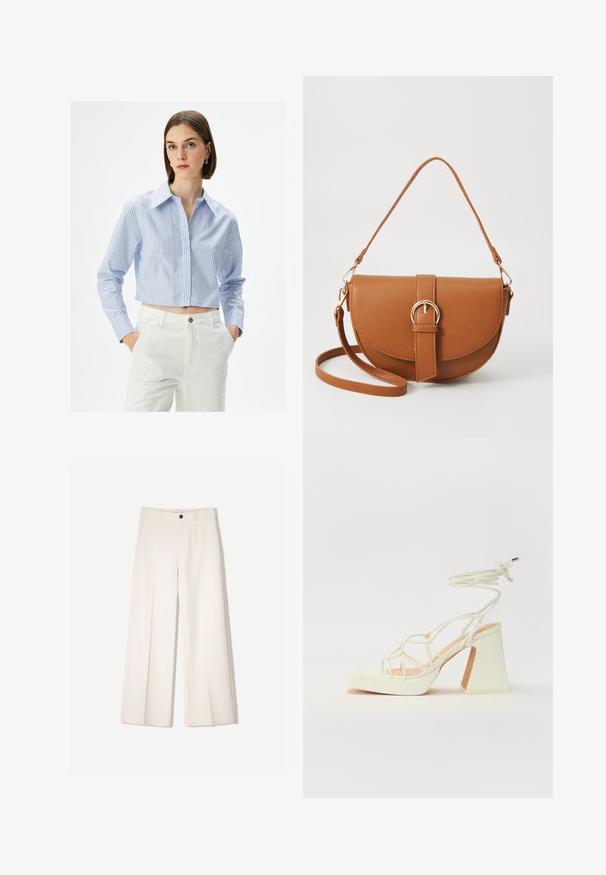 Gekürztes blau-weiß gestreiftes Hemd mit spitzem Kragen, Knopfverschluss und langen Ärmeln, getragen mit weißen hoch geschnittenen Hosen.; Cremfarbene weitem Hosen mit maßgeschneidertem Design, ausgestattet mit zwei vorderen Taschen und einem vorderen Knopfverschluss, aus glattem Stoff gefertigt.; Weiße High-Heel-Sandale mit einem klobigen Absatz, die über ein Riemchendesign und ein Knöchelband verfügt. Glatte Textur mit einer Plattform vorne für zusätzliche Höhe.; Braune Leder-Crossbody-Tasche mit geschwungener Form, goldfarbenen Beschlägen und einer Schnallenakzentuierung. Verfügt über einen abnehmbaren Schultergurt.
