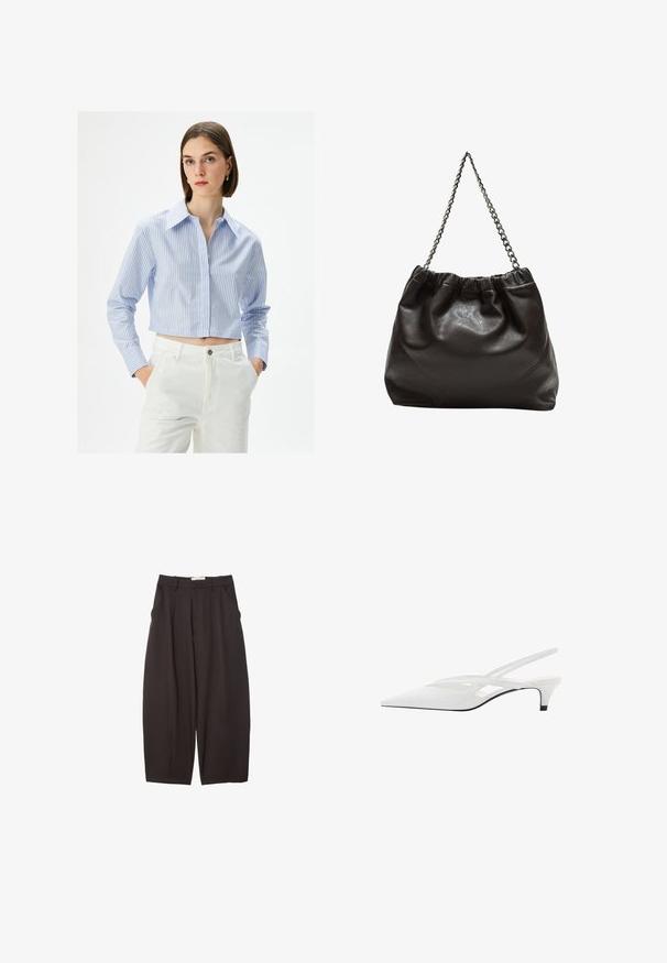 Kortærmet blå og hvid stribet skjorte med spids krave, knaplukning og lange ærmer, båret med hvide højtaljede bukser.; Sorte brede bukser lavet af et glat stof, med høj talje, forfaldne folder og sidelommer. Simpelt design uden udsmykninger.; Hvide slingback hæle med spids tå, der har en glat overdel, subtile udskæringer og en lav blokhæl. Den sorte sål fremhæver designet.; Brun lædertaske med en rynket top og en kædestrop. Glat tekstur med en blank finish og subtile sømdetaljer på siderne.