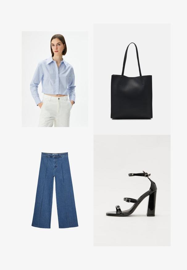 Cropped blue and white striped shirt with a pointed collar, button closure, and long sleeves, worn with white high-waisted pants.; Wide-leg denim jeans in medium blue, featuring a high waist, button closure, and contrasting vertical seam details along the front.; Black patent heeled sandals with a square toe, ankle straps, and silver buckles. Features a chunky block heel for stability.; Black leather tote bag with smooth texture, rectangular shape, and two long handles. No visible hardware or embellishments.