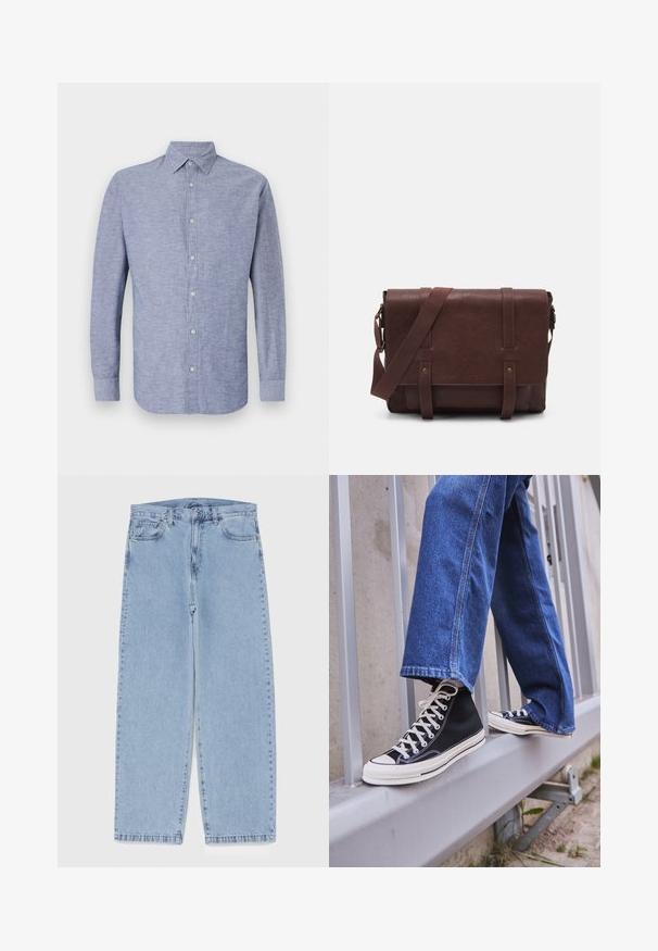 Cămașă cu mânecă lungă dintr-un material bleu deschis cu un finisaj texturat, cu nasturi pe față și guler clasic. Dispune de cinci nasturi pe față.; Jeans din denim de culoare albastru deschis, cu un design cu picioare drepte, având talie medie, cinci buzunare și un sistem de închidere cu nasture și fermoar.; Tenisi negri tip gheată cu talpă și șireturi albe, asortați cu blugi albaștri largi, sprijiniți pe un balustradă gri.; Geantă de umăr din piele maro, cu un capac frontal plat, două curele, accente din hardware auriu și o curea de umăr reglabilă.