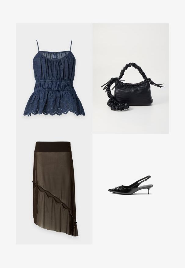 Top peplum sem mangas em azul escuro, com cintura franzida e bainha recortada, apresentando padrões florais em cortes. Feito de tecido leve e texturado.; Saia preta em rede com uma cintura ajustada, hemline assimétrica, botões decorativos à frente e textura translúcida em camadas.; Sapatos de salto alto slingback em couro preto com bico fino, pequeno salto kitten e um detalhe decorativo em forma de nó na parte da frente. Textura suave em toda a parte.; Bolsa de mão em couro sintético preto com textura de crocodilo, topo franzido e alça enrugada. Apresenta um design suave e compacto.