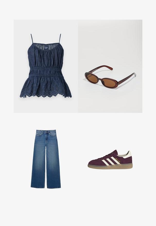 Sötétkék, ujjatlan peplum blúz, fodros derékkal és hullámos szegéllyel, kivágott virágmintákkal. Könnyű, texturált anyagból készült.; Széles lábú, farmertből készült kék nadrág, magas derékkal, varrásokkal és egy egyszerű, enyhe koptatással.; Burgundi velúr sportcipő fehér három csíkkal és bézs díszítéssel. Jellemzője a texturált gumitalp és az arany logó az oldalon.; Kerek, barna árnyalatú napszemüveg fényes burgundi kerettel. Karcsú karok diszkrét márkázással. Lapos lencse kialakítás.; Barna szőtt bőr kézitáska, amely laza, háromszög alakú. Fonott füllel és felső cipzárral rendelkezik.