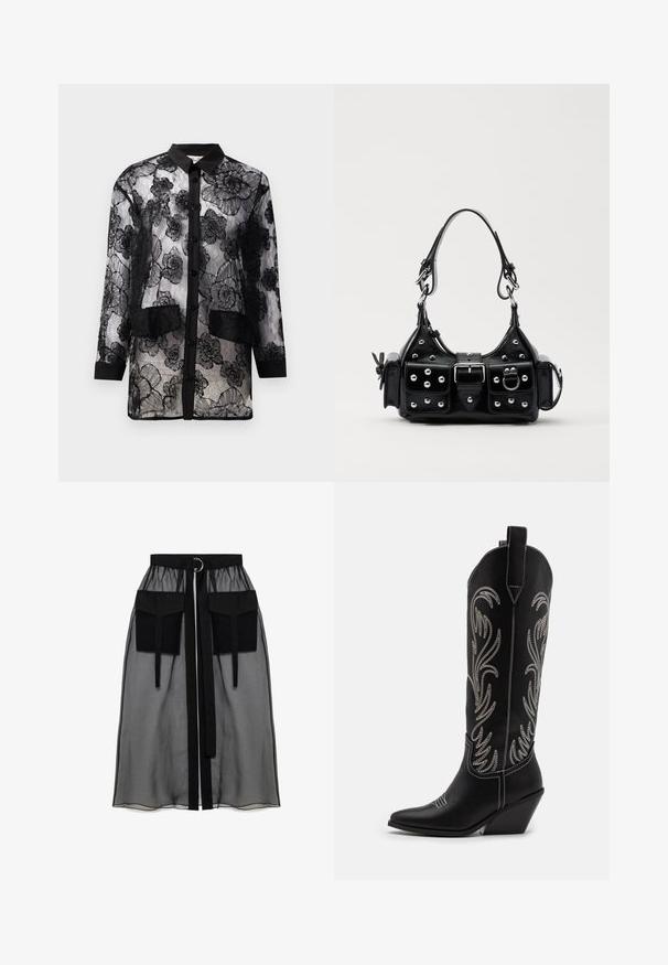 Fekete csipkeblúz virágmintás hímzéssel, gombos elülső résszel, hosszú ujjakkal és két felvarrt zsebbel a deréknál.; Fekete áttetsző szoknya ráncolt derékrésszel, két nagy elülső zsebbel, derékpánttal és kör alakú fém díszítéssel.; Fekete bőr cowboy csizmák hegyes orral, wedge sarkakkal és ezüst hímzett virágmintákkal a szár mentén. Kontraszt varrás az egész csizmán.; Fekete bőr kézitáska ívelt designnal, ezüst szegecsekkel, csattal és két oldalsó zsebbel. Állítható vállpánt a hordozási lehetőségekhez.