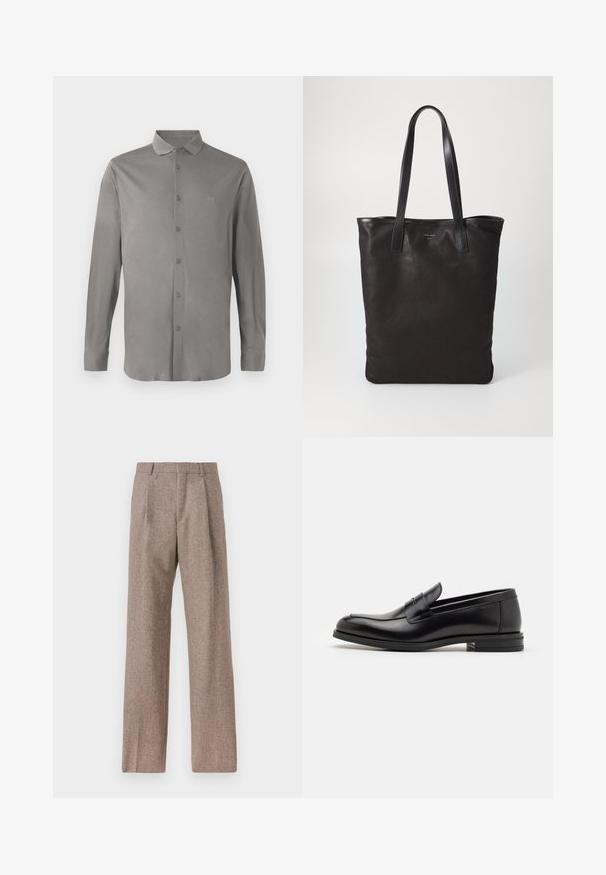 Siva srajca z dolgimi rokavi iz gladkega materiala, z zapenjanjem na gumb, klasičnim ovratnikom in subtilnim vezenim logotipom na prsih.; Rjave hlače z visokim pasom, izdelane iz teksturirane tkanine. Imajo široke noge in dve sprednji pregibi za strukturo. Urejen zaključek brez vidne strojne opreme.; Črne usnjene loafer čevlje z gladko teksturo, zaobljenim nosom in dekorativnim trakom čez zgornji del. Nizka zložena peta, minimalističen dizajn.; Črna platnena torba s črnimi usnjenimi ročaji. Preprost dizajn, prostorna notranjost in gladka tekstura. Brez vidnih logotipov ali vzorcev.