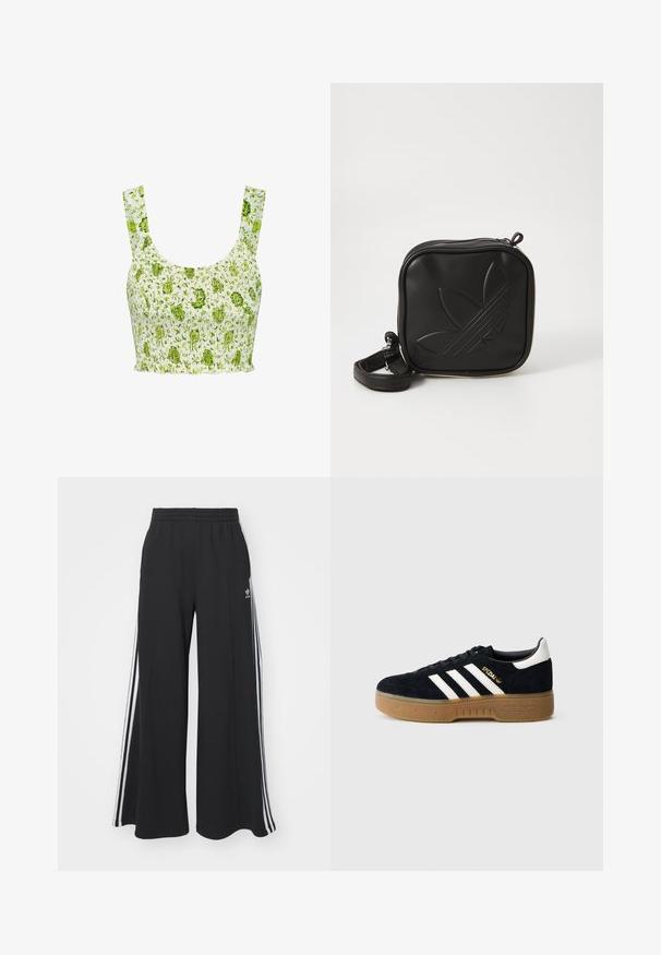 Smocked crop top in white fabric with green floral pattern. Features wide straps and a gathered texture throughout.; Black wide-leg sweatpants with an elastic waistband, featuring white side stripes and an embroidered logo on the left thigh.; Black suede sneaker with white three stripes and gold branding. Gum sole with textured grip. Classic low-top design, rounded toe.; Black square crossbody bag made of textured synthetic material. Features an embossed logo design and adjustable strap. Zipper closure.