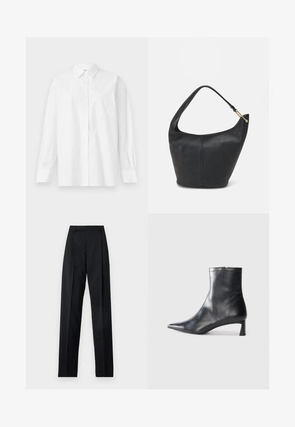 Camicia bianca a maniche lunghe in cotone, con colletto classico, chiusura a bottoni e una tasca singola sul lato sinistro.; Pantaloni neri realizzati in tessuto morbido, caratterizzati da vita alta, gambe larghe, pince frontali e classiche passanti per cintura. Non ci sono tasche laterali visibili.; Stivaletto in pelle nera con punta affusolata e design elegante. Presenta un tacco basso e una chiusura con zip sul retro. Texture liscia.; Borsa a tracolla in pelle nera con forma arrotondata, una tracolla ampia e una finitura testurizzata. Presenta un dettaglio di cucitura discreto e un dettaglio in metallo dorato.