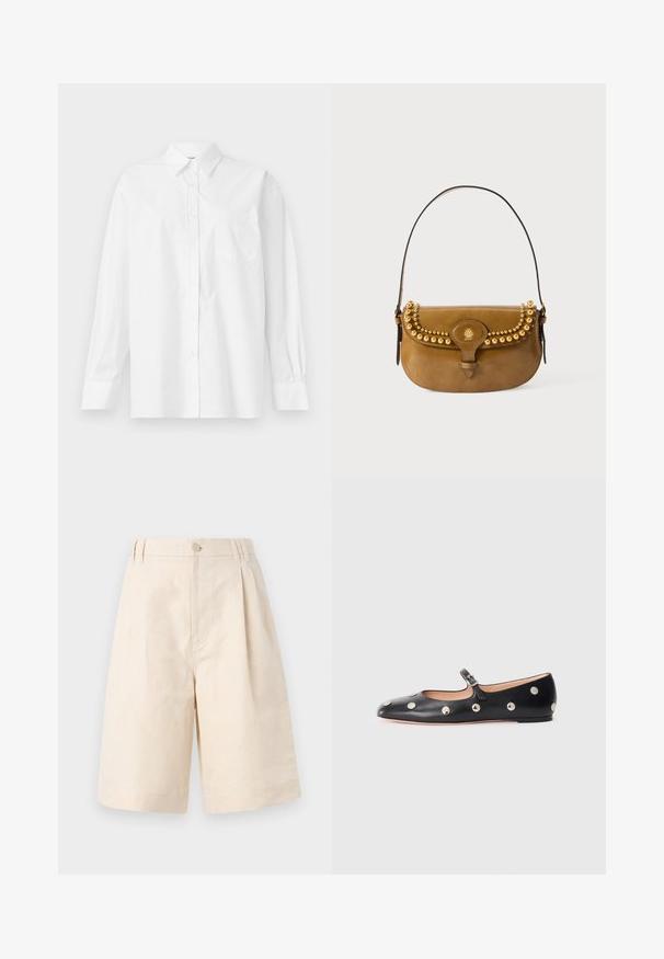 White long-sleeve shirt made of cotton, featuring a classic collar, button closure, and a single breast pocket on the left side.; Beige linen shorts with a relaxed fit, featuring a button closure, pleated design, and knee-length cut. Smooth texture and simple style.; Black leather Mary Jane flat shoe with a rounded toe, featuring silver circular studs and an adjustable strap with a buckle.; Brown leather handbag with a curved shape, featuring gold stud accents along the top, a short strap, and a buckle closure.