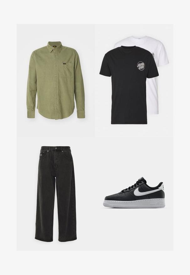 Camisa de pana verde oliva de manga larga, con cierre de botones en la parte delantera, cuello puntiagudo, un bolsillo en el pecho y etiqueta de marca en el bolsillo.; Pack de dos camisetas: una negra y una blanca. Ambas presentan mangas cortas y un logo circular en el pecho en un color contrastante. Material de algodón.; Obey Clothing BIGWIG BAGGY - Vaqueros baggy - black; Zapatilla negra de cuero con superficie texturizada, logo de Nike en blanco, suela gris, puntera redonda y diseño de encaje. Presenta perforaciones en la puntera.