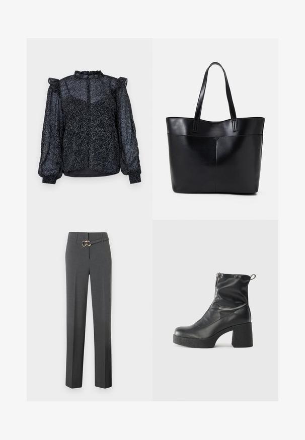Black blouse featuring a speckled pattern, sheer material, puff sleeves, and a ruffled neckline with a button closure at the back.; Dark gray tailored women's trousers with straight legs and a thin matching belt featuring a gold-tone buckle.; Black ankle boots made of smooth leather, featuring a side zipper, chunky textured heel, and rounded toe design.; Black leather tote bag with two long handles, a smooth texture, and a structured shape. Features a front pocket for additional storage.