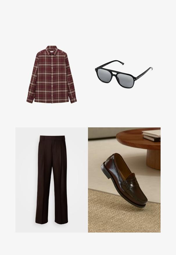 Bordeaux geruite shirt met lange mouwen, knoopsluiting aan de voorkant en een borstzak. Heeft witte en gele strepen in een ruitpatroon.; Bruine op maat gemaakte broeken met een recht design, voorzien van een voorplooien, een gladde textuur en een klassieke tailleband. Geschikt voor formele gelegenheden.; Bruine leren instappers met een glanzende afwerking, voorzien van een gestikt detail aan de voorkant en een low-profile zwarte rubberen zool.; Zwarte zonnebril met rechthoekige montuur, grijs getinte glazen en een uitgesneden ontwerp bij de neusbrug. Strak, glanzend kunststof materiaal met smalle veren.