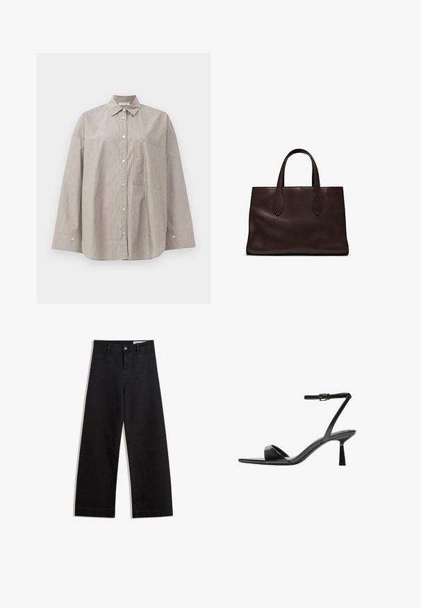 Stribet skjorte i beige og hvid, med spidse kraver, lange ærmer, brystlomme og en afslappet pasform.; Sorte wide-leg denim bukser med høj talje, der har front- og baglommer, syede sømme og en knaplukning. Glat tekstur.; Bershka Højhælede sandaletter / Højhælede sandaler - black; Brun læder tote bag med to forlængede håndtag, struktureret rektangulær form, glat overflade og subtile syninger.