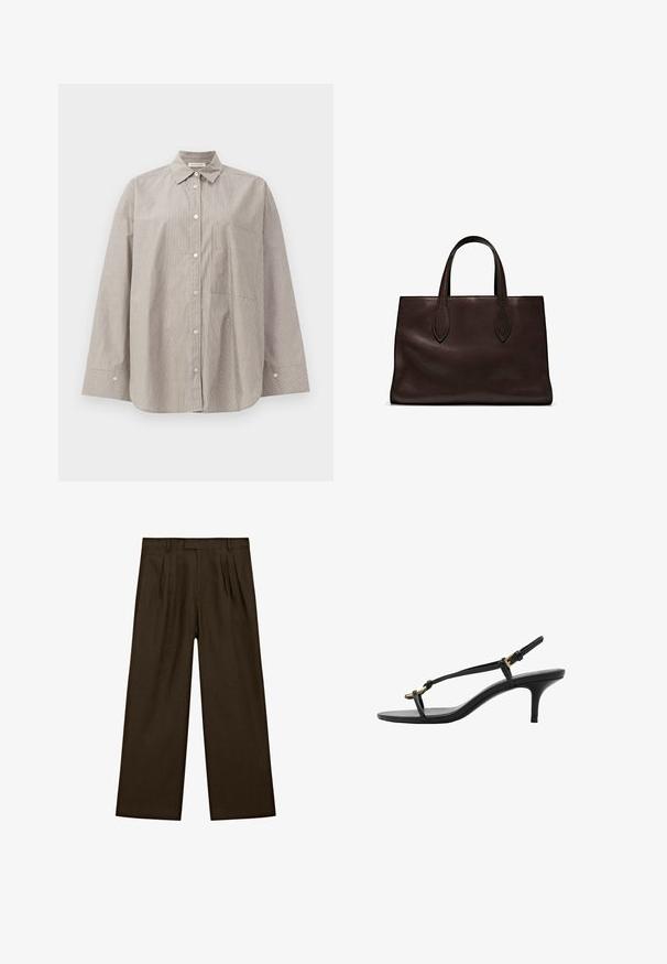 Gestreiftes Button-Down-Hemd in Beige und Weiß, mit spitzem Kragen, langen Ärmeln, Fronttasche und lässiger Passform.; Braune Leinenhose mit lockerer Passform, ausgestattet mit vorderen Falten, einem flachen Taillenbund und weiten, geraden Beinen für eine moderne Silhouette.; Schwarze Leder-Kitten-Heel-Sandale mit dünnen Riemen, goldener Schnalle und minimalistischer Zehen-Schlaufe vor einem weißen Hintergrund.; Braune Ledertasche mit zwei langen Griffen, strukturierte rechteckige Form, glatte Textur und dezente Nähdetails.
