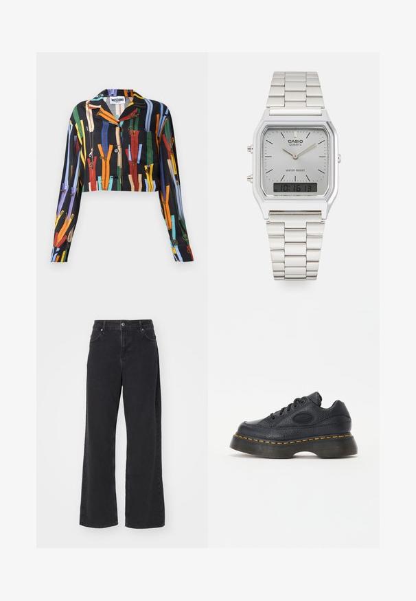 Trumpas juodas marškinėliai su spalvingomis užtrauktuko raštais, mygtukų uždarymu ir krūtinės kišenėle. Pagaminta iš lengvos medžiagos su sklandžiu paviršiumi.; Juodos spalvos platėjančios kojų kelnės iš džinso audinio, aukštu liemeniu, penkių kišenių dizainas ir užtrauktuko užsegimas. Lygus paviršius su minimaliais matomais siūlių detalėmis.; Juoda odinė sportinė avalynė su tekstūruotu paviršiumi, apvaliu pirštu ir storu platforminiu padu. Pabrėžti geltoni siūlės akcentai ir ženklinta šoninė logo.; Sidabrinis Casio kvarcinis laikrodis su stačiakampiu ciferblatu, analoginiais ir skaitmeniniais rodmenimis, nerūdijančio plieno apyranke ir atsparumu vandeniui.