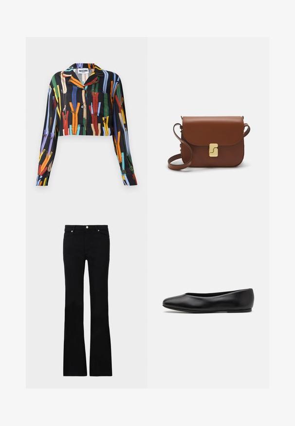 Maglietta nera corta con motivi colorati sulla cerniera, chiusura a bottoni e taschino sul petto. Realizzata in tessuto leggero con una superficie liscia.; Jeans neri svasati in denim, dotati di due tasche anteriori, chiusura con bottone e una texture liscia. Cuciture iconiche visibili nei punti di giuntura.; Paul Smith TOPANGA - Ballerine - black; Borsa a tracolla in pelle marrone con chiusura a pattina, hardware color oro, tracolla e una finitura liscia. Forma rettangolare compatta.