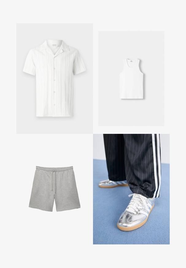 Vit kortärmad skjorta med vertikala strukturerade ränder, en spetsig krage och fem knappar framtill, tillverkad av ett lättviktigt tyg.; Vit bomullstopp med rund halsringning, breda axelremmar och rak nederkant, med en slät textur och utan synliga mönster.; Grå bomullsshorts med elastisk midjeband och dragsnöre, med två sidofickor och en mjuk, texturerad yta.; Metalliska silver sneakers med vita snören och tre vita ränder, i kombination med svarta randiga byxor. Klibbig sula som accent vid botten.