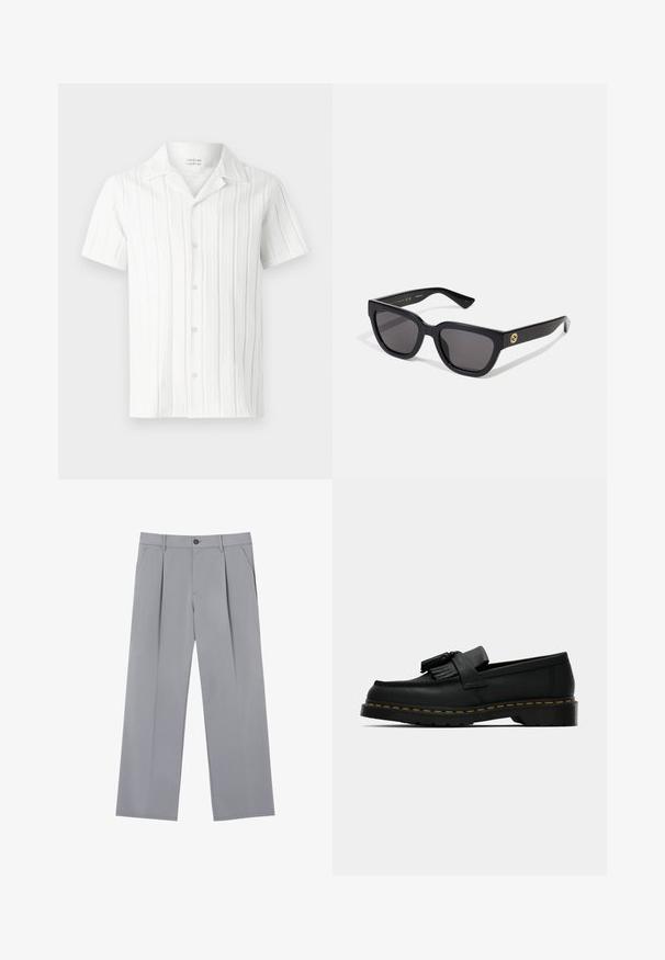 Hvid kortærmet skjorte med lodrette teksturerede striber, en klapkrave og fem knapper ned foran, lavet af et letvægtsstof.; Grå plisserede bukser med en afslappet pasform, lavet af et letvægtsstof. Har forlommer og en knaplukning i taljen.; Sorte læder loafers med kvaster, gul syning langs sålen og en tyk, rillede gummisål.; Sorte rektangulære solbriller med en blank finish, mørke linser og guldhardware på templet med logoen.