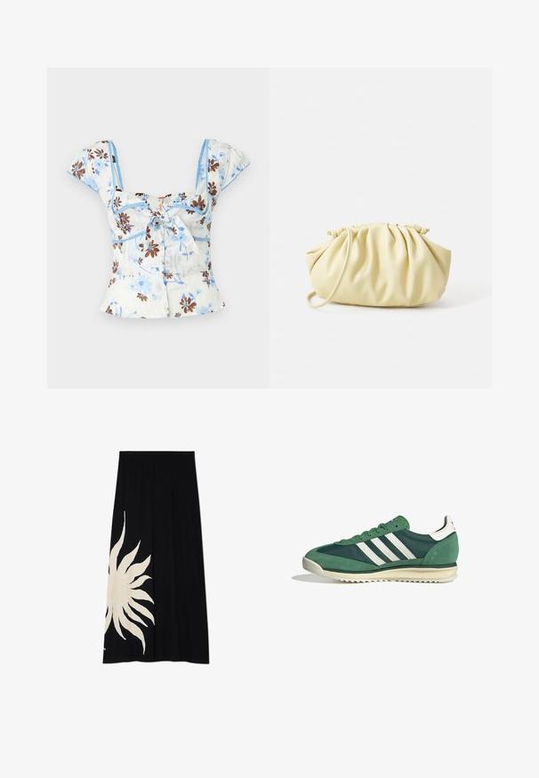Floral crop top in light blue and white, featuring brown flower patterns, short puff sleeves, and a tie-front detail with a ruffled hem.; Black skirt featuring a large white sun design on one side, soft texture, and a flowing shape, suitable for casual wear.; Green athletic shoes featuring a mix of suede and synthetic materials, three white stripes, and a textured rubber sole.; Yellow pleated handbag made of smooth faux leather, featuring a soft shape with a single shoulder strap and gathered top design.