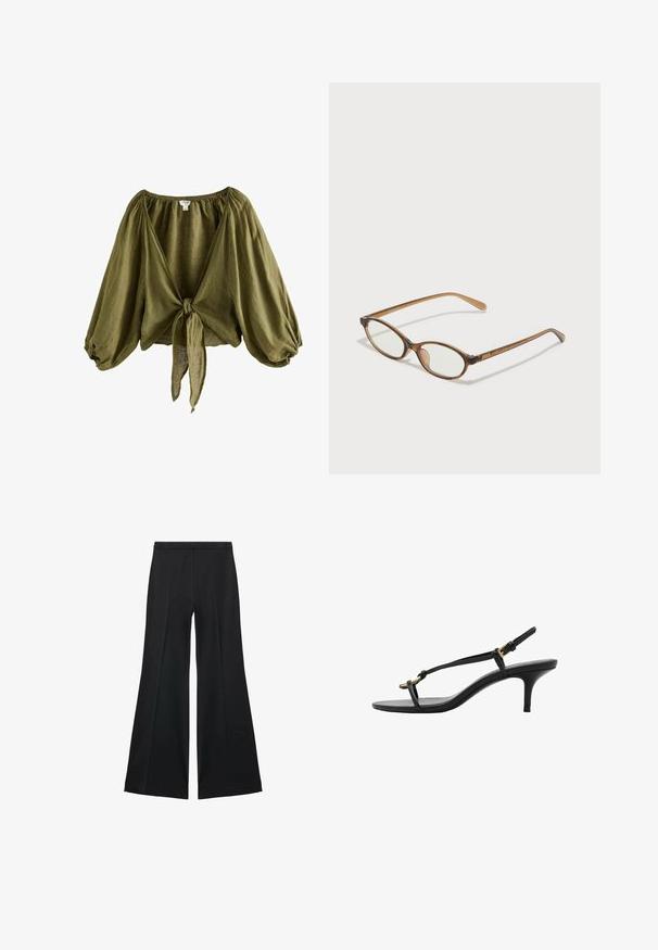 Blusa di lino verde oliva con scollatura arricciata, maniche a sbuffo e un nodo sul davanti. Tessuto leggero e strutturato con una vestibilità ampia.; Pantaloni neri a gamba larga con una texture liscia, caratterizzati da pieghe frontali e un design sartoriale. Il tessuto è leggero e fluido.; Sandal con zeppa kitten nera in pelle, con sottili cinturini, fibbia dorata e una minimalista fascetta per le dita su sfondo bianco.; Occhiali tortoiseshell marroni con lenti ovali, aste sottili e dettagli trasparenti. Presentano un logo sottile sulla tempia. Design elegante e leggero.