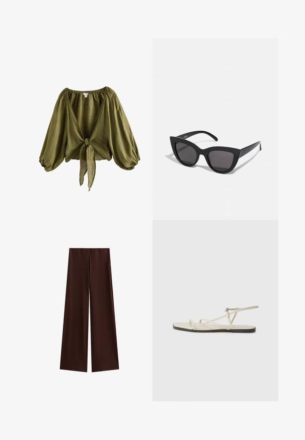 Blouse en lin vert olive avec un col cintré, des manches bouffantes et un devant noué. Tissu léger et texturé avec une coupe ample.; Pantalons en toile marron à jambes larges avec un relief vertical, présentés à plat sur un fond blanc, mettant en valeur leur texture et leur style.; Sandale plate beige avec plusieurs fines lanières et une boucle réglable. La semelle est plate avec un léger contraste sombre sur le bord.; Lunettes de soleil noires en forme d'œil de chat avec une finition mate, dotées de verres teintés gris, d'angles aigus et de branches élégantes. Nom de la marque visible sur la branche intérieure.; Sac en toile tissé avec des rayures orange, rose, vert et crème, doté de poignées doubles en tresses et d'une apparence texturée.