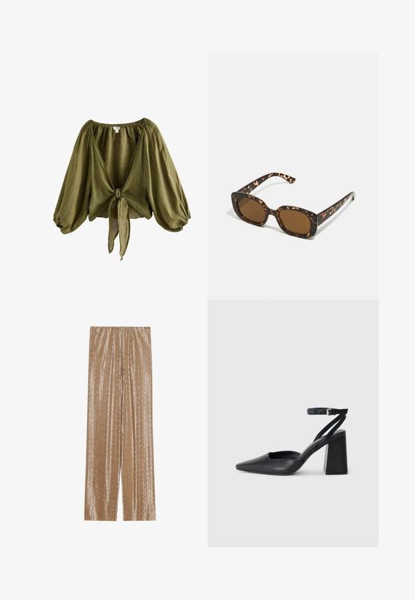 Olivovo zelená ľanová blúzka s nariaseným výstrihom, puffovými rukávmi a viazaním vpredu. Ľahká, textúrovaná látka s voľným strihom.; Svetlohnedé plisované nohavice vyrobené z lesklého materiálu, s textúrovaným cik-cak vzorom a elastickým pásom pre pohodlie.; Čierne kožené lodičky s špicatou špičkou a členkovým remienkom, s masívnym podpätkom. Hladký povrch, elegantný dizajn a minimalistická estetika.; Slnečné okuliare v tortoiseshell štýle s okrúhlym, robustným rámom a hnedými šošovkami. Má jemné vzory a rovné, zoštíhlené ramená.