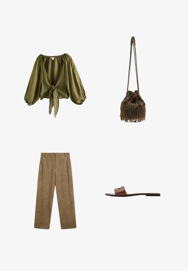 Blusa di lino verde oliva con scollatura arricciata, maniche a sbuffo e un nodo sul davanti. Tessuto leggero e strutturato con una vestibilità ampia.; Pantaloni in lino marroni con una vestibilità comoda, caratterizzati da due tasche laterali e una texture liscia, progettati con una vita alta e gambe larghe.; Infradito in pelle marrone con suola piatta, dotate di una larga fascia e accenti geometrici bianchi per un design minimalista.; Borsa in bronzo con parte superiore arricciata, adornata da frange lunghe e sottili. Due cinturini sottili per il trasporto. Superficie testurizzata con un luccichio metallico.