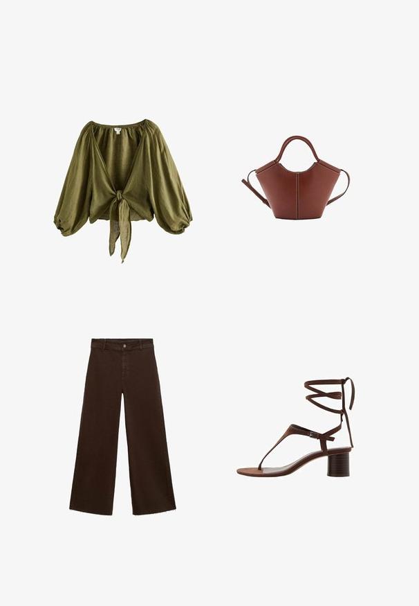 Bluză din in verde măsliniu cu decolteu strâns, mâneci bufante și fațadă legată. Material ușor, texturat, cu o croială lejeră.; Pantaloni largi maro dintr-un amestec de bumbac, cu un tiv desfăcut, închidere cu buton frontal și un design clasic cu cinci buzunare. Minimalist și versatil.; Sandale cu toc înalt din suede maro, cu o curea triangulară pentru degete, legături la glezne și un toc bloc texturat pentru stabilitate.; Geantă din piele maro, cu o formă conică, mâneri rezistente și cusături albe contrastante. Dispune de o curea de umăr detașabilă pentru versatilitate.