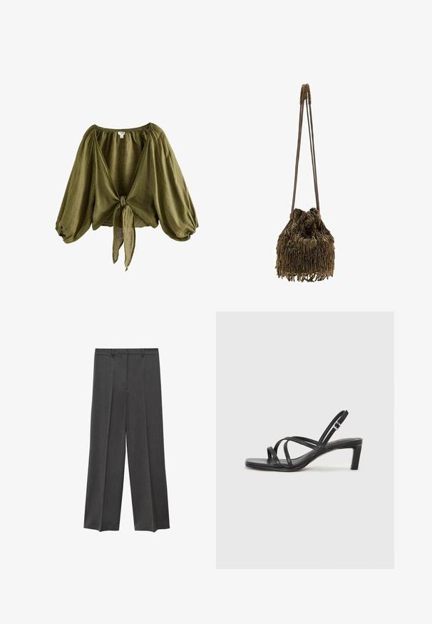 Olivovo zelená ľanová blúzka s nariaseným výstrihom, puffovými rukávmi a viazaním vpredu. Ľahká, textúrovaná látka s voľným strihom.; Sivé nohavice so širokými nohavicami, hladkým povrchom, prešitým predným dielom a pútkami na opasok. Vyrobené z ľahkej, tkaninovej látky.; Čierne sandále na vysokom podpätku so štvorcovou špičkou a nízkym blokovým podpätkom. Obsahujú viacero tenkých popruhov a nastaviteľný členkový popruh. Vyrobené z hladkej kože.; Medená taška s nariaseným vrcholom, ozdobená dlhými, tenkými třásňami. Dve štíhle popruhy na nosenie. Texturovaný povrch s metalickým leskom.