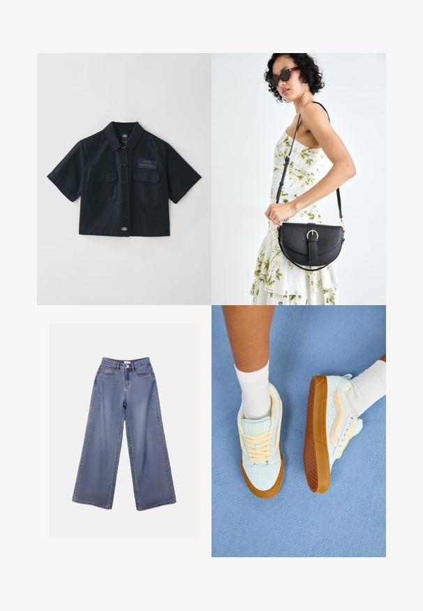 Camisa preta de manga curta feita de algodão. Apresenta dois bolsos frontais, fechamento com botões e um emblema da marca no peito.; Calças de ganga de perna larga numa lavagem azul clara, com uma cintura alta, bolsos frontais e fecho de botão com passadores para cinto.; Tenis azul claro com detalhes em creme, apresentando atacadores, uma sola de borracha e aderência texturizada. Usados com meias brancas até ao tornozelo sobre uma superfície azul.; Bolsa de couro preta com forma curva, alça destacável e detalhes em dourado. A bolsa possui uma aba com detalhe de fivela.